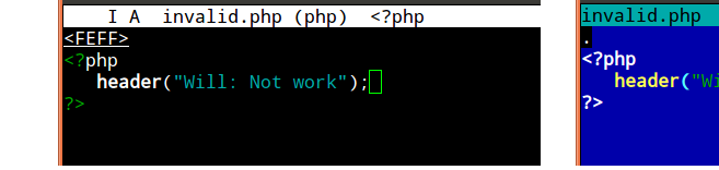 joes editor showing UTF-8 BOM placeholder, and MC editor a dot