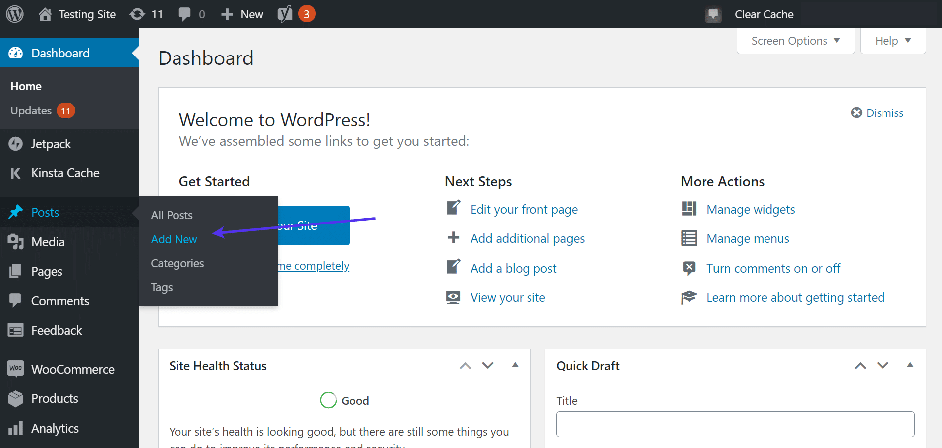 Posts > Add New link in WordPress dashboard