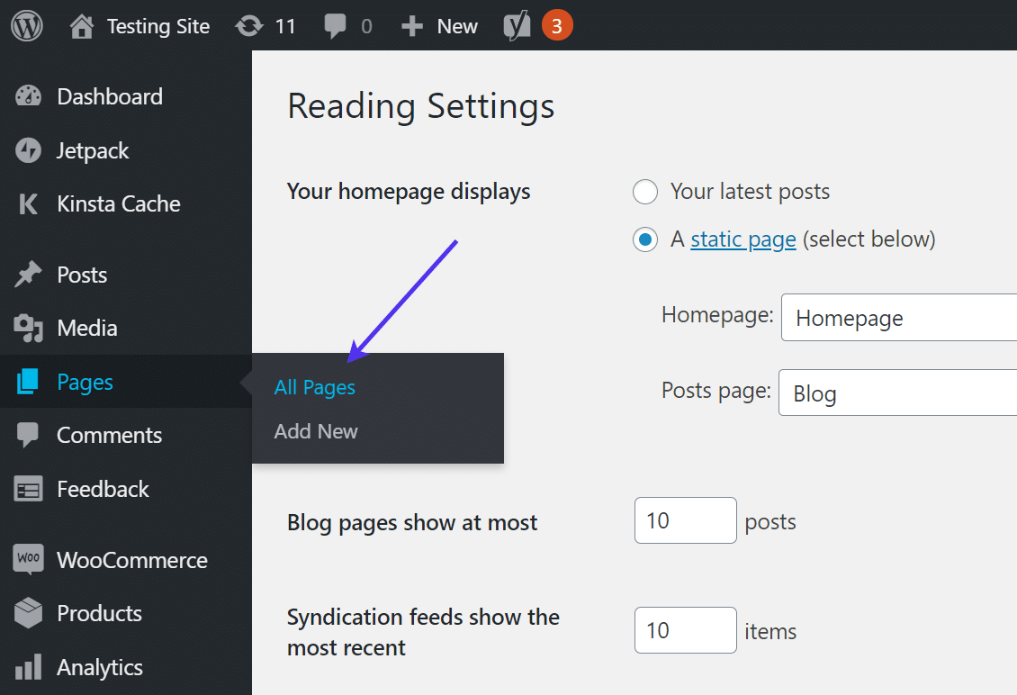 Go to 'Pages > All Pages' in WordPress admin