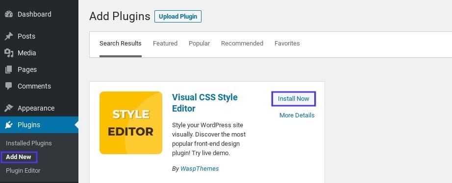 The option to install the YellowPencil plugin in WordPress.