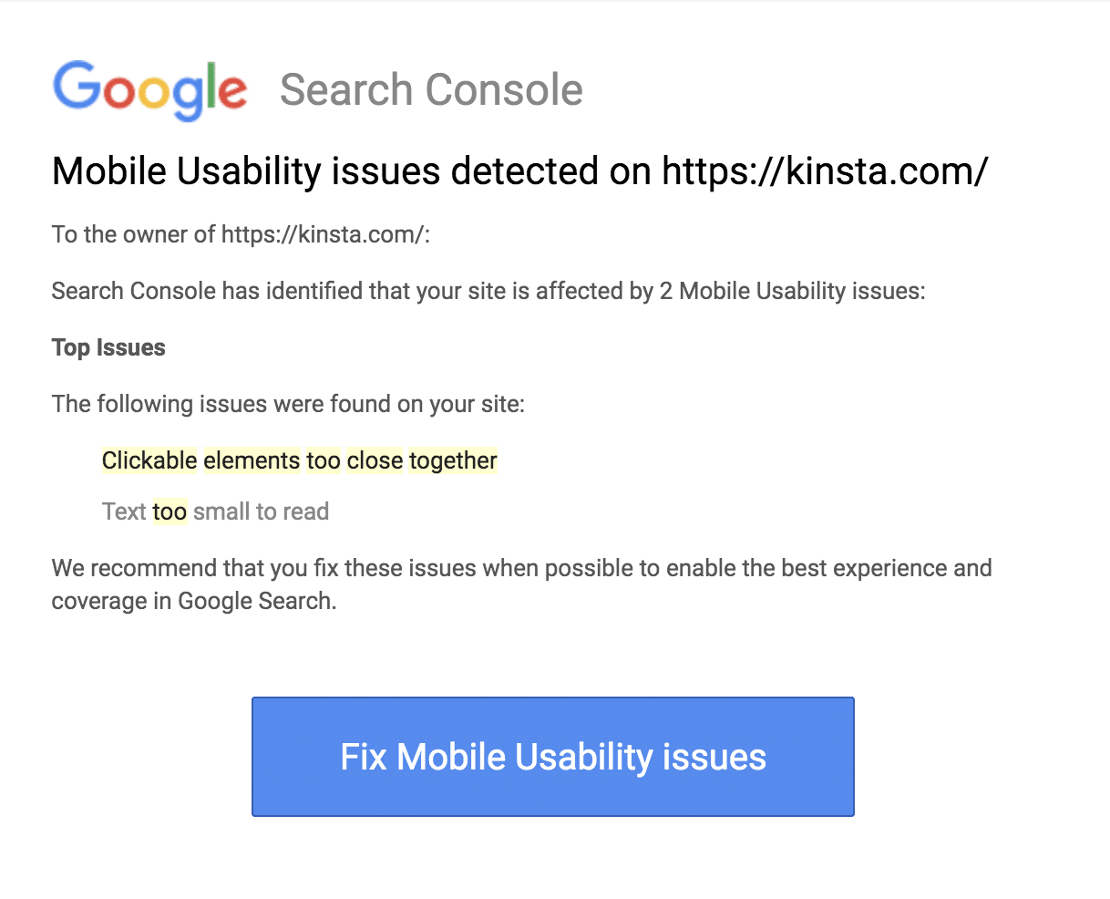 A mobile usability issues report from Google Search Console.