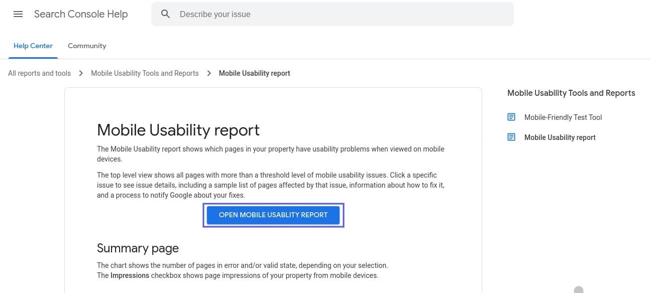 The Google Search Console Mobile Usability Report tool.