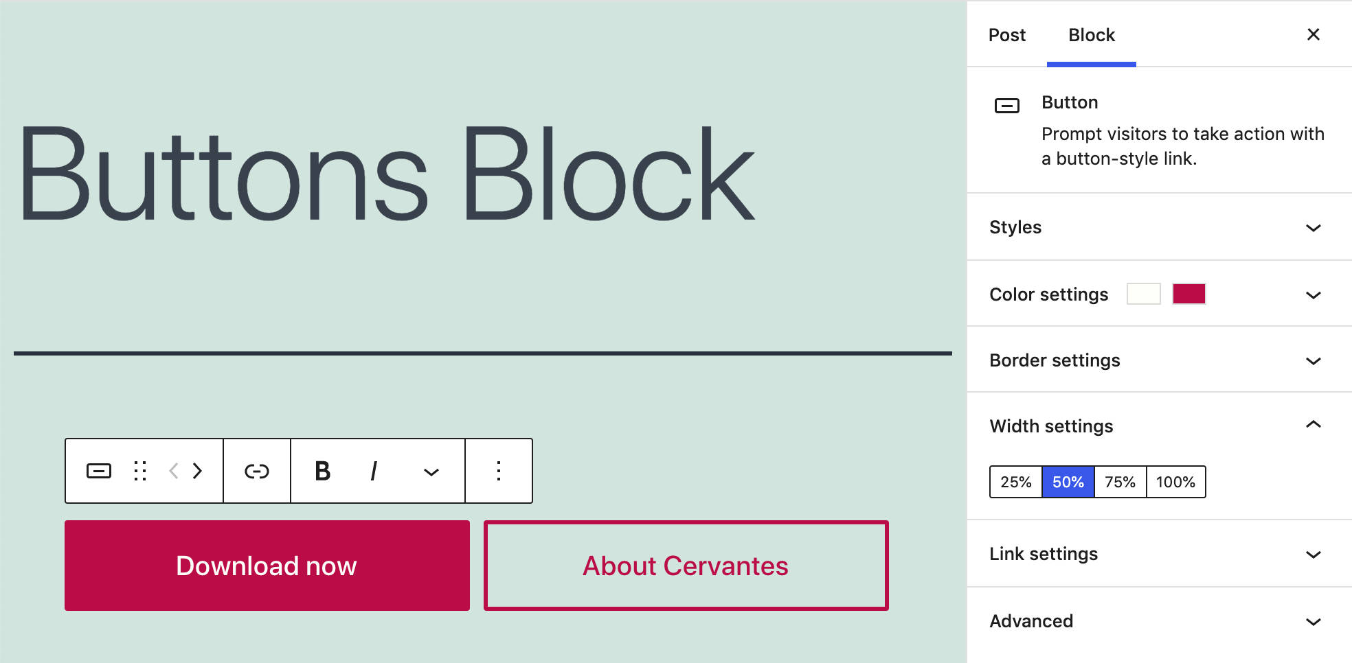 buttons block settings