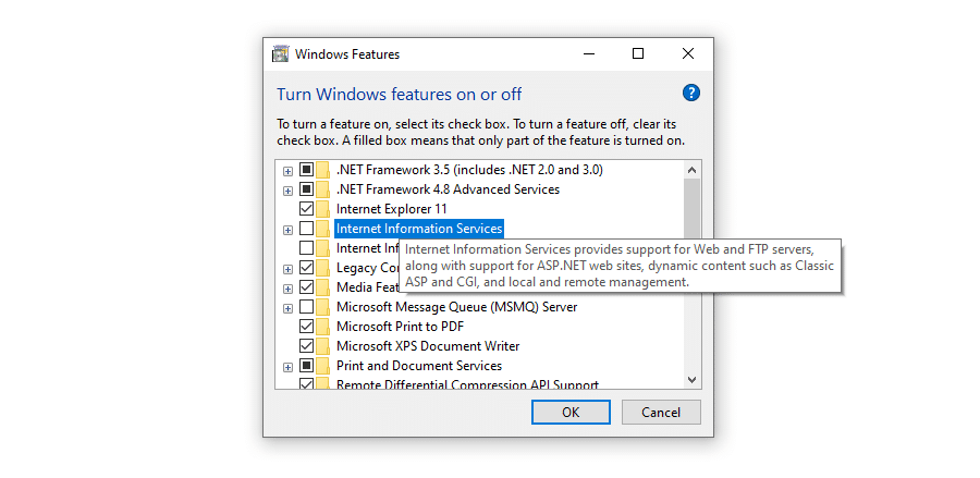 Enabling IIS on Windows