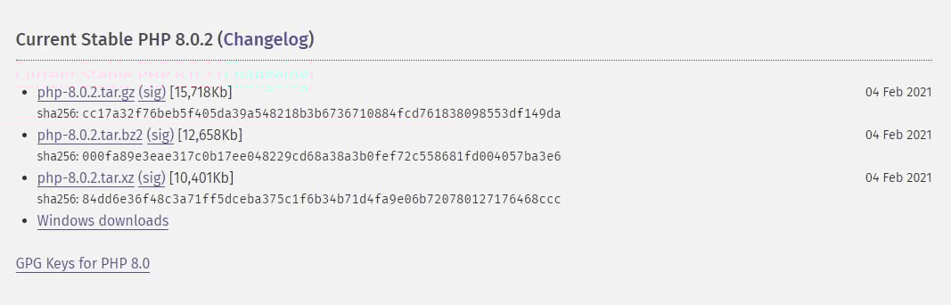 PHP downloads page