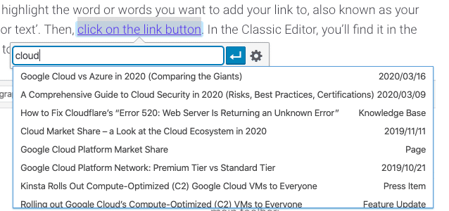 Searching for internal linking options in the Classic Editor