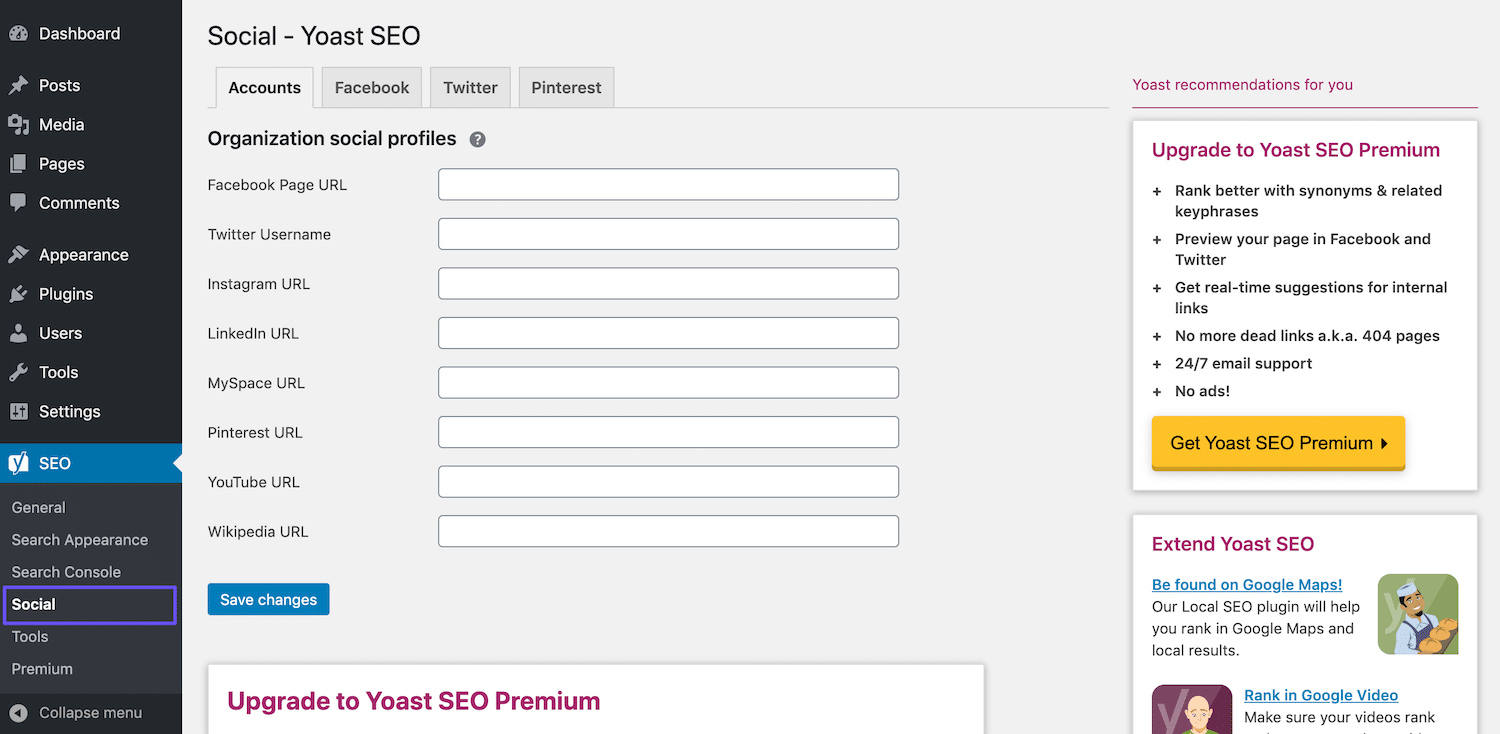 yoast social settings