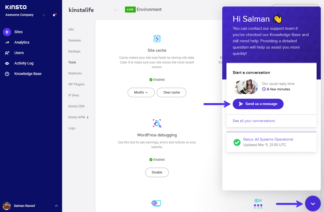 Contact Kinsta support easily through MyKinsta