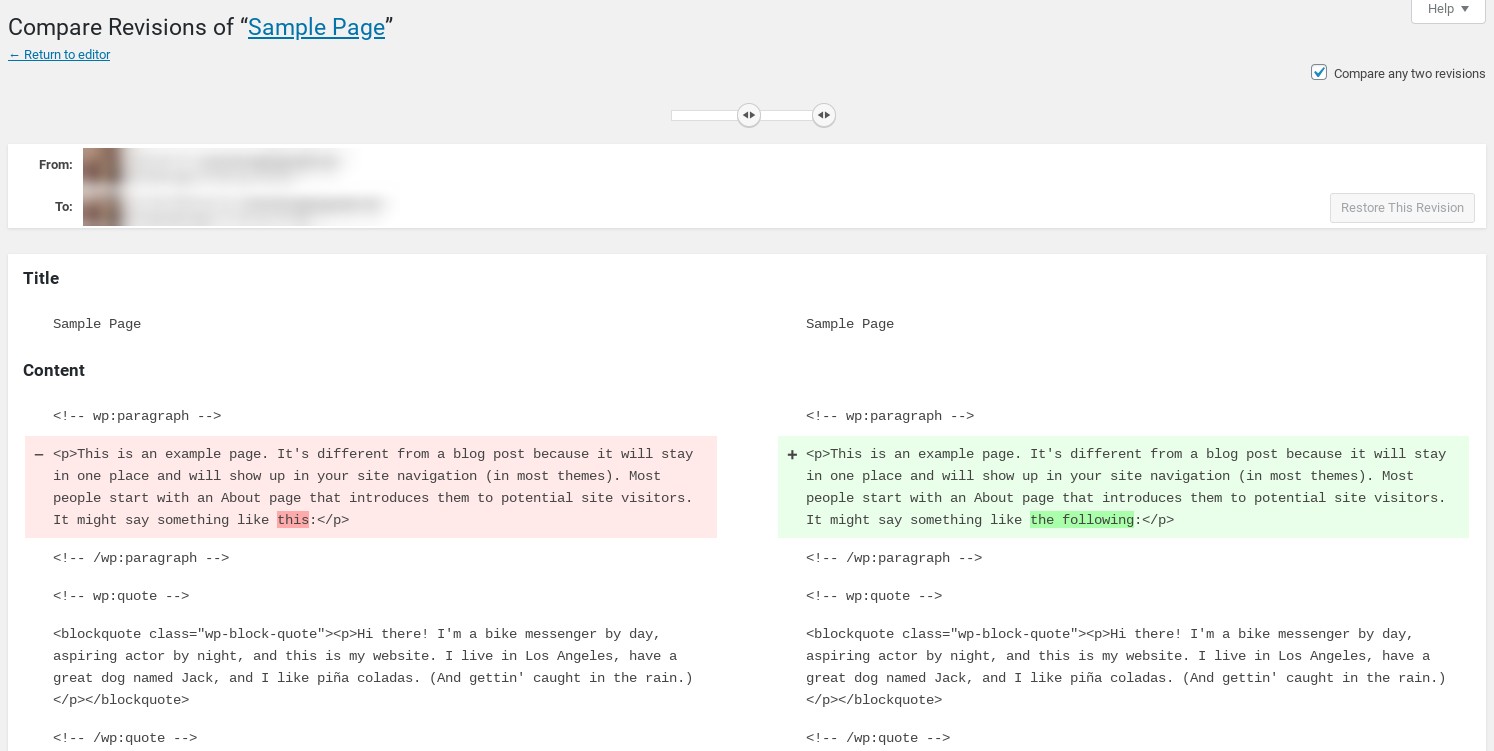 The WordPress Revisions page.
