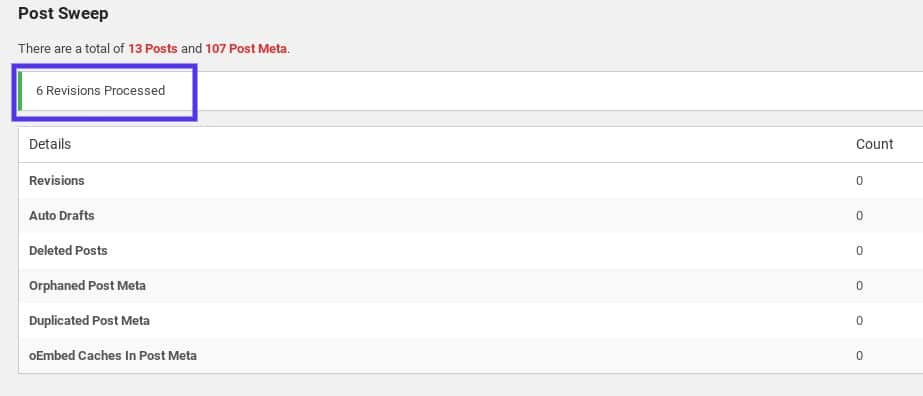 WordPress revisions processed using the WP-Sweep plugin
