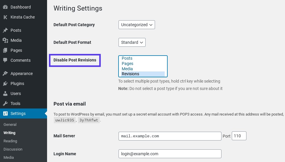 The Disable Post Revisions WordPress plugin settings.