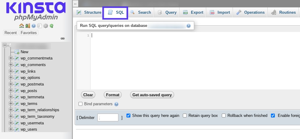 The SQL tab in phpMyAdmin.