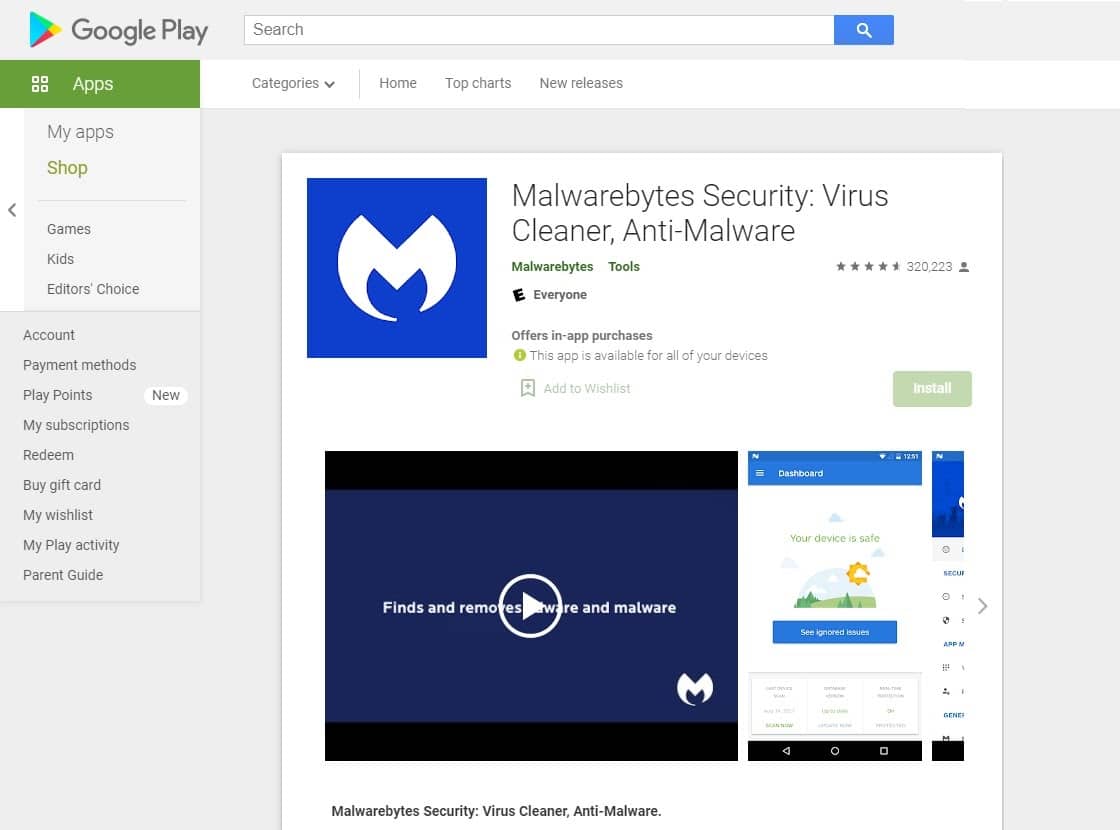 Malwarebytes antivirus Android app.