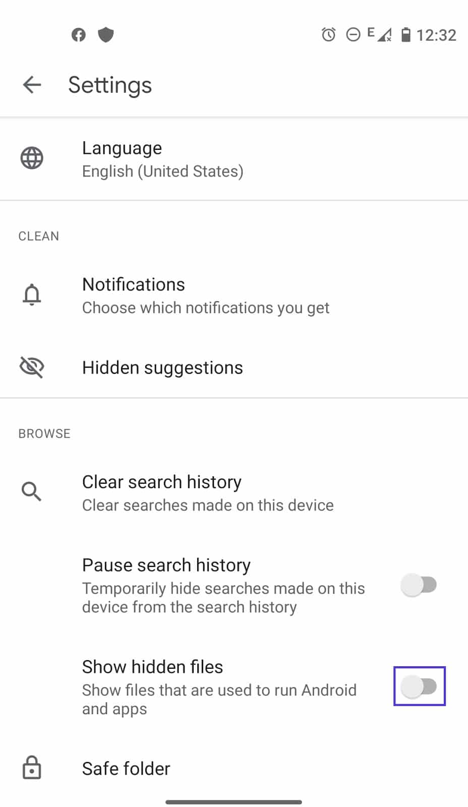 Android Files with “Show hidden files” toggle button.