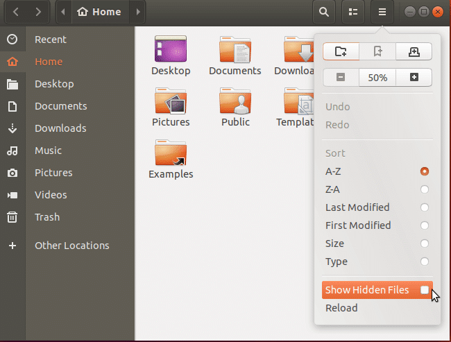 Ubuntu file explorer modal dialog showing hidden files.