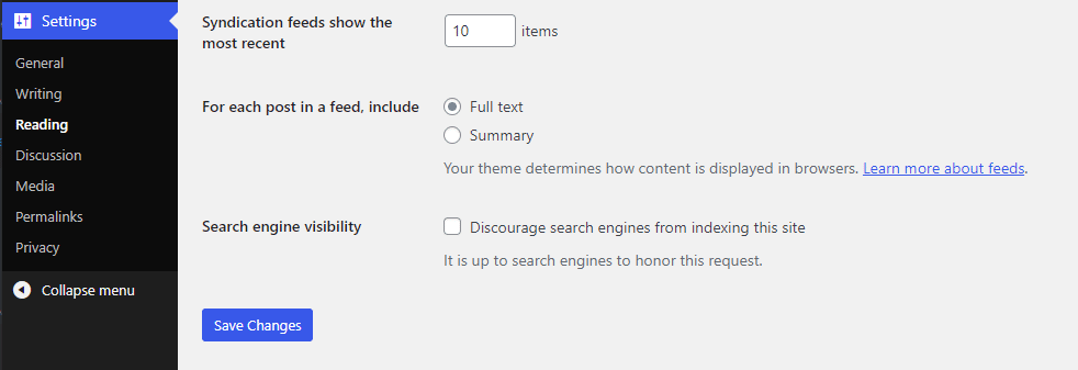 Screenshot showing the search engine visibility checkbox in the