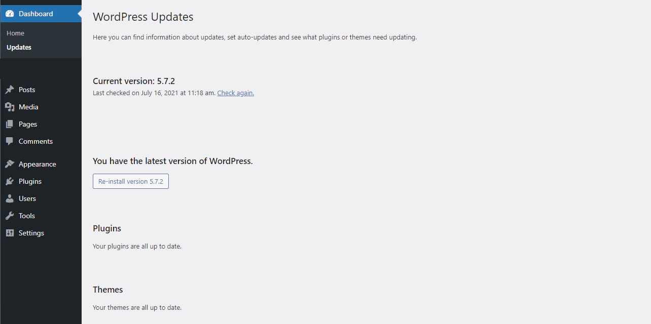 Screenshot of the WordPress Dashboard showing the 