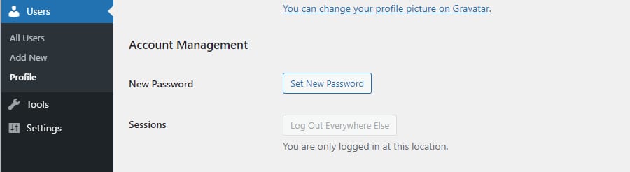 A screenshot of the Users > Account Management section of WordPress, showing the 