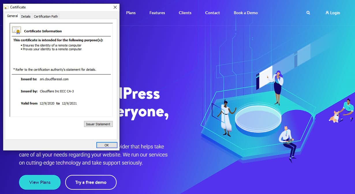 A screenshot of the SSL certificate on the Kinsta.com website