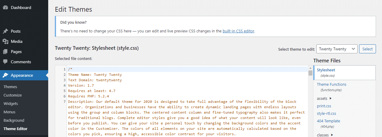 Screenshot of the Appearance > Edit Themes area in WordPress