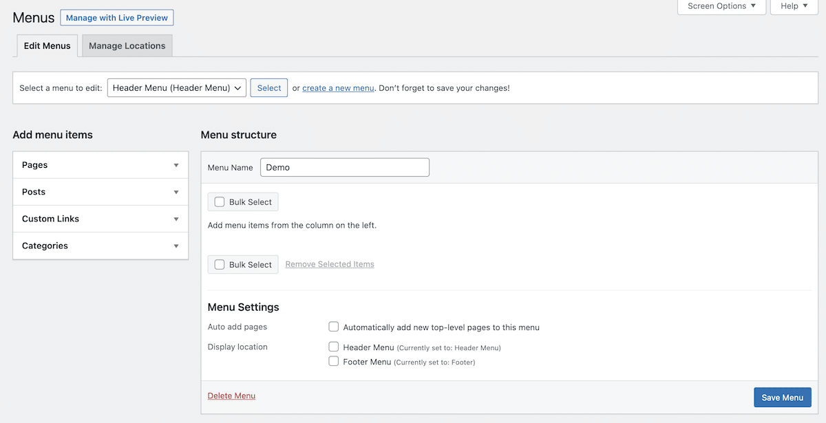 The WordPress menu screen