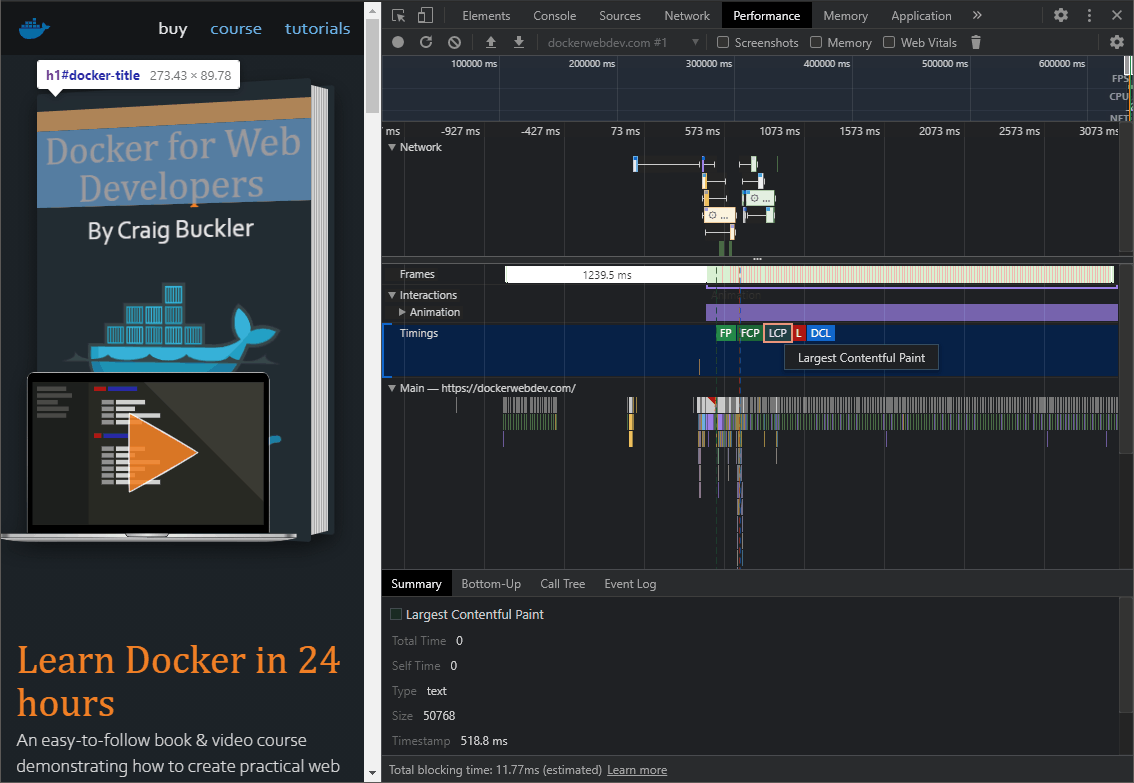 DevTools Performance panel LCP indicator.