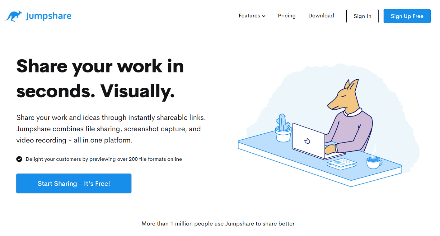 The homepage for Jumpshare, showing the text 