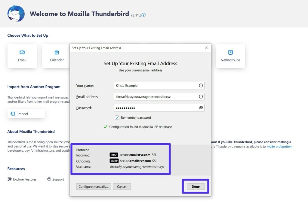 Thunderbird automatically configures the protocols — just click 