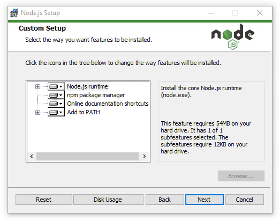 Using the Node.js installer's