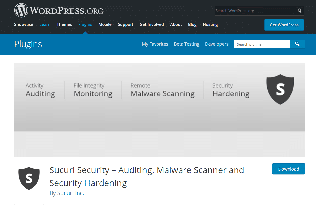 Sucuri security plugin homepage on WordPress