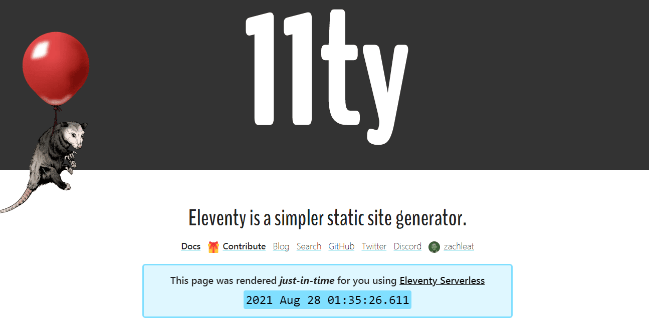 The Eleventy static site generator homepage with the headline 