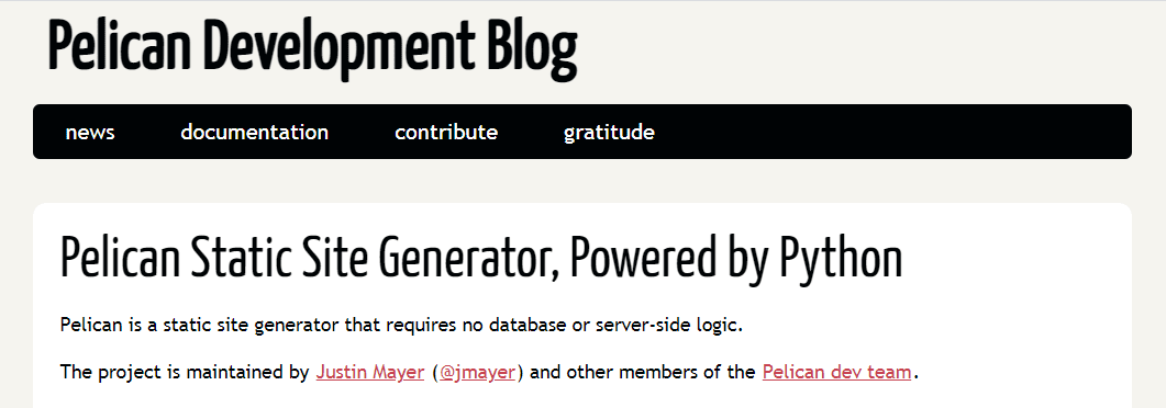 The Pelican static site generator blog page with the headline 