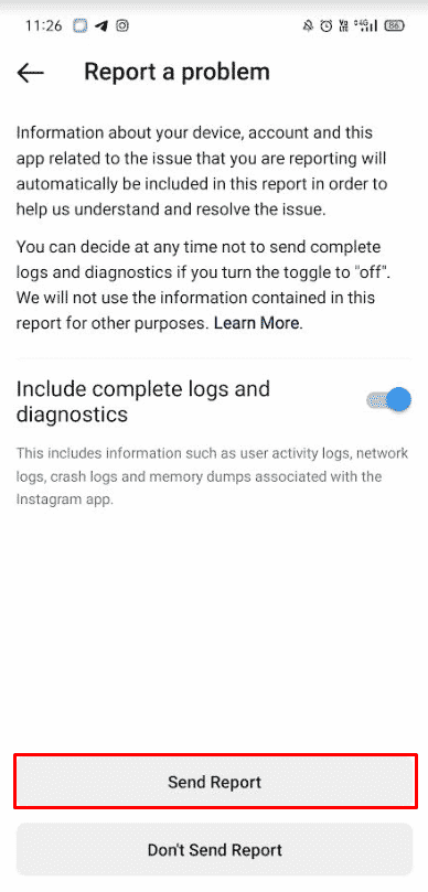 tap on Send Report