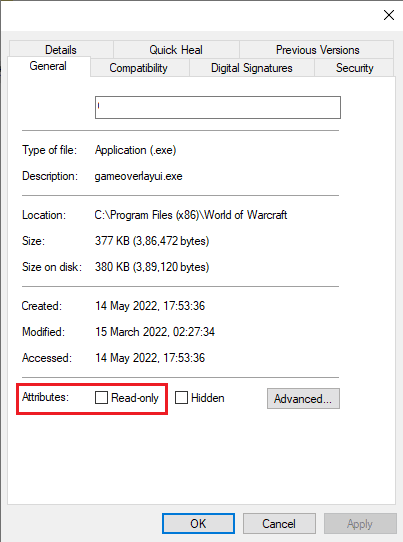 switch to the General tab and uncheck the box next to Read only next to Attributes section. Fix World of Warcraft Error 51900101 in Windows 10