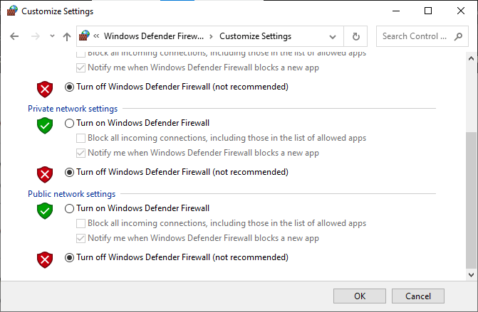 turn off Windows Defender Firewall not recommended