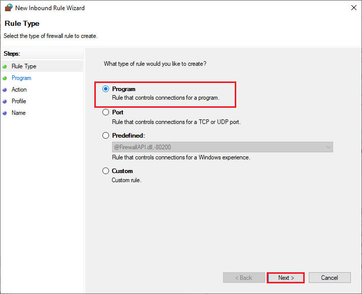 make sure you select the Program option under What type of rule would you like to create. Fix World of Warcraft Error 51900101 in Windows 10