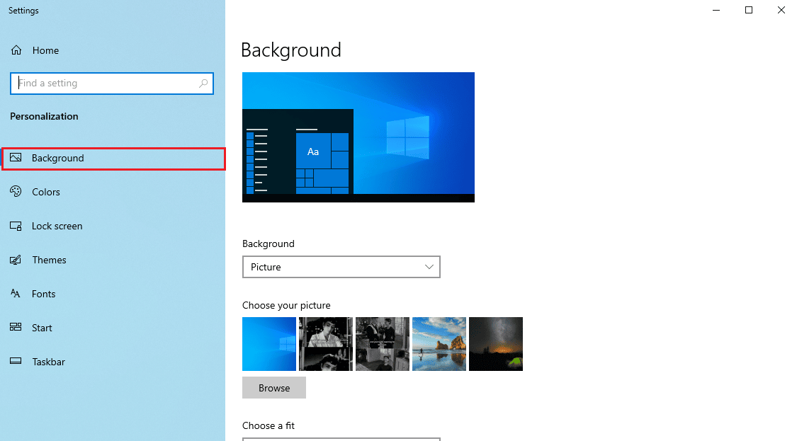 Navigate to the Background menu