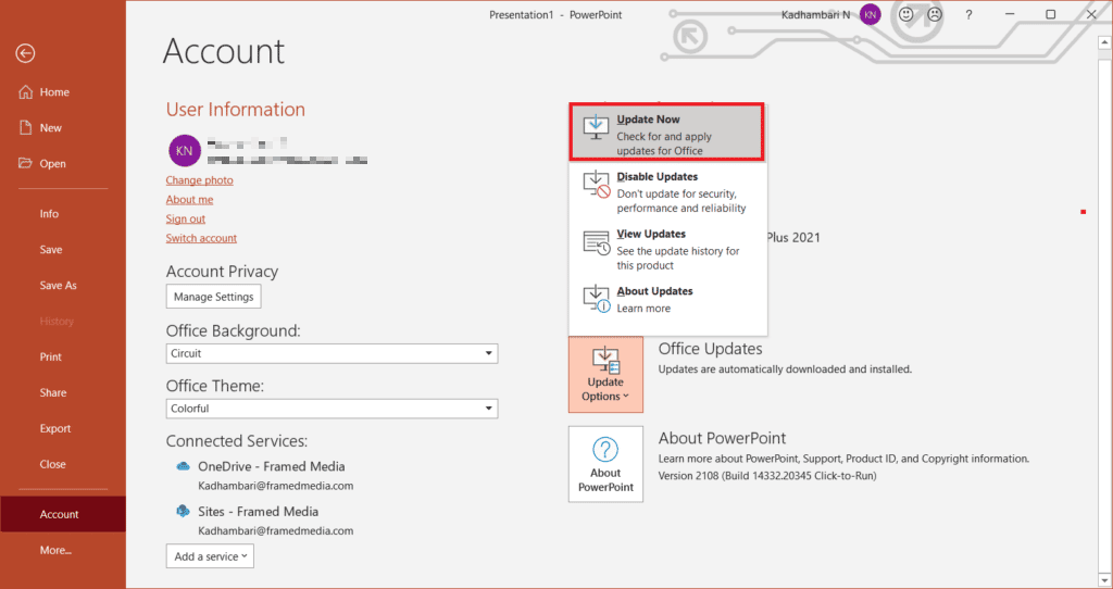 click on update now in powerpoint. Fix Office Error Code 1058 13 in Windows 10