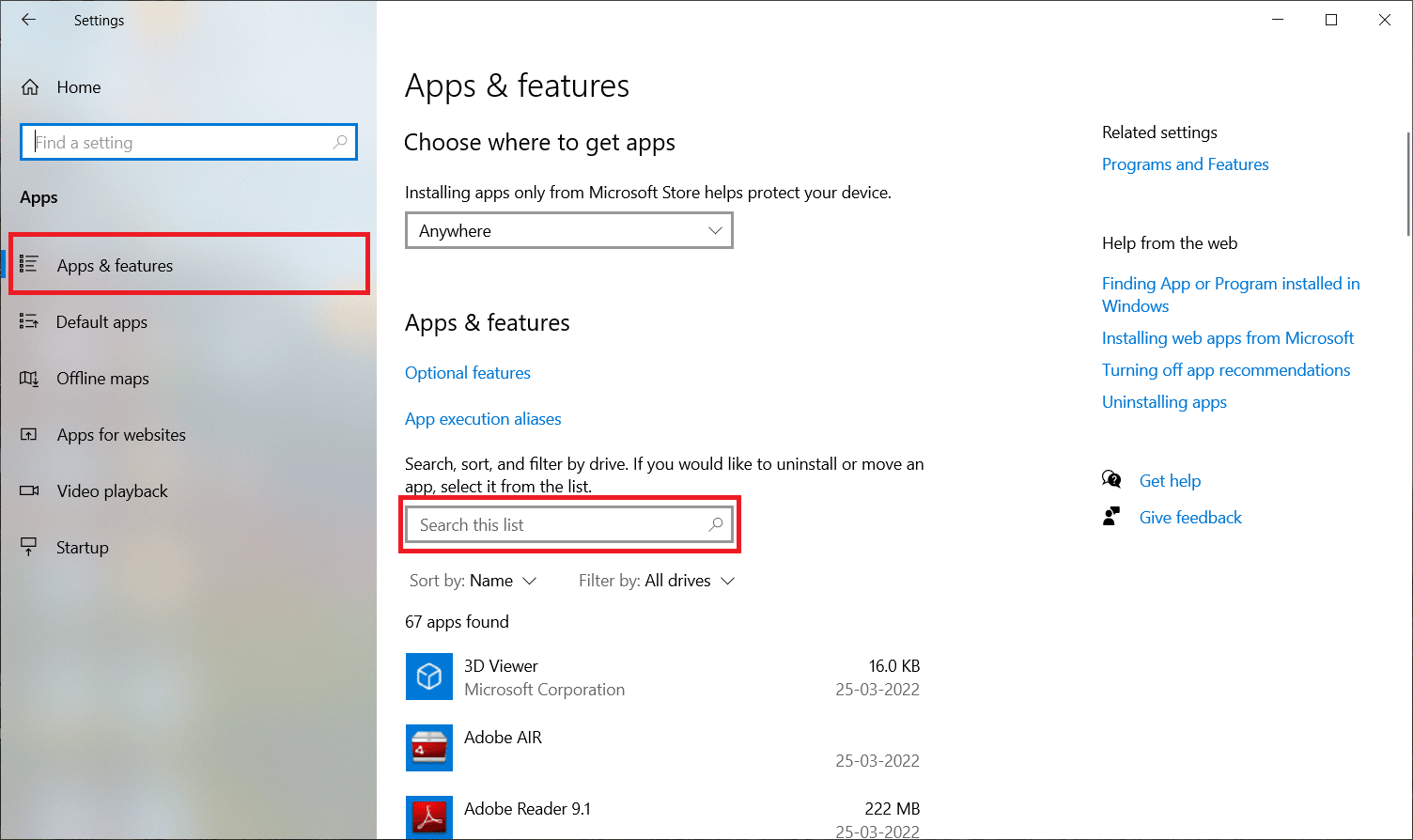 Select Apps and features