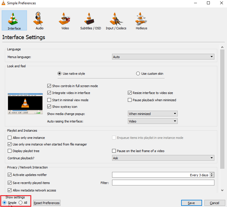 make sure that in the simple preferences tab under show settings simple radio button is selected 
