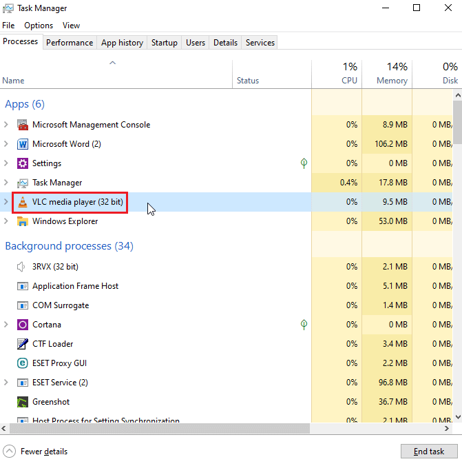 open task manager and click on VLC media player