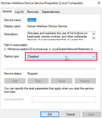 click on startup type dropdown