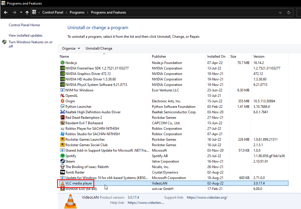 double click on VLC media player in programs and features