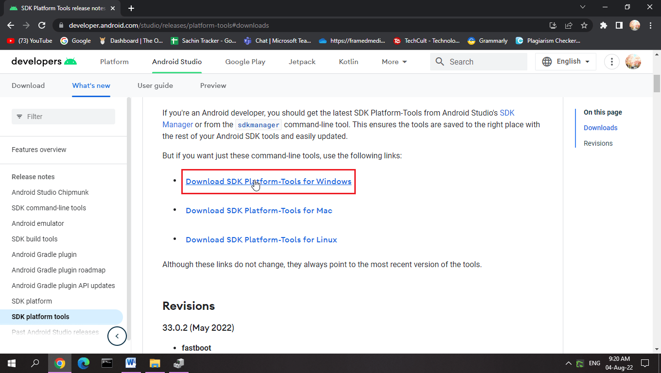 click on download sdk platform tools for windows link