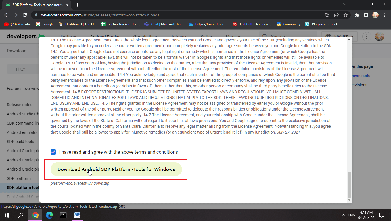 click on download android sdk platform tools for windows
