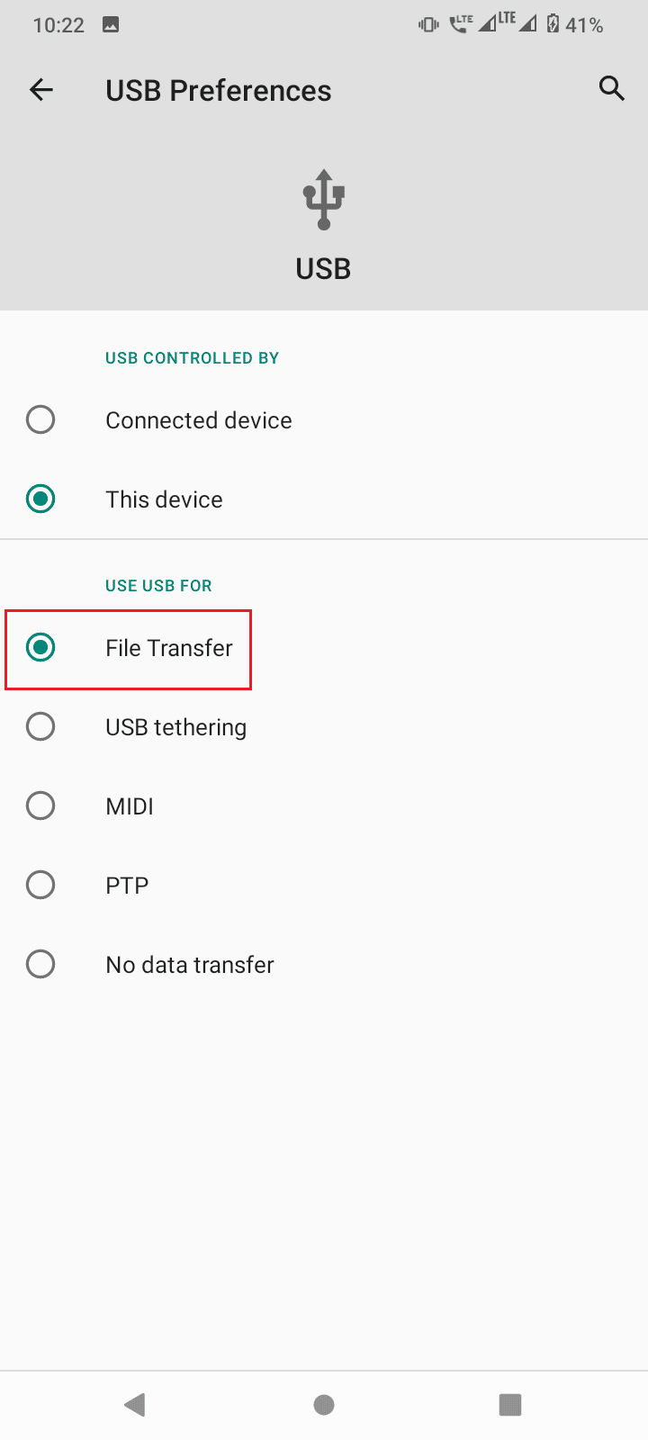 tap on file transfer option. How to Bypass ADB Device Unauthorized Message