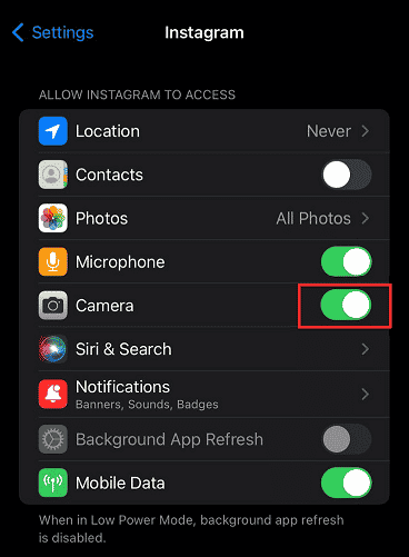 Turn on the toggle for Camera to allow Instagram to use the camera