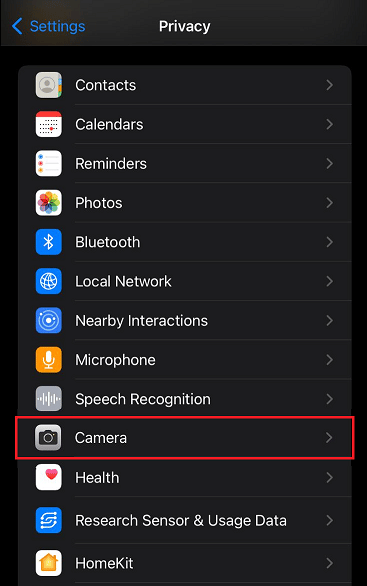 Tap on Privacy, followed by Camera