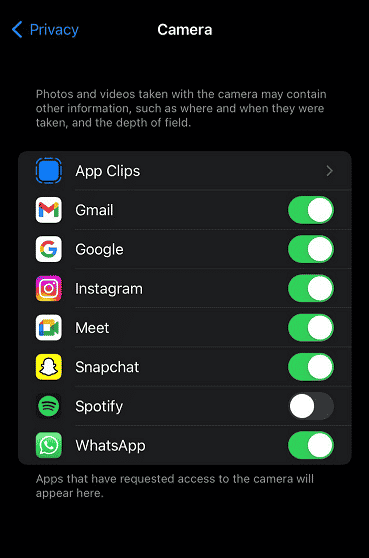 Turn on the toggle for all those apps you want to permit to access the camera | How to Enable Camera Access on Instagram