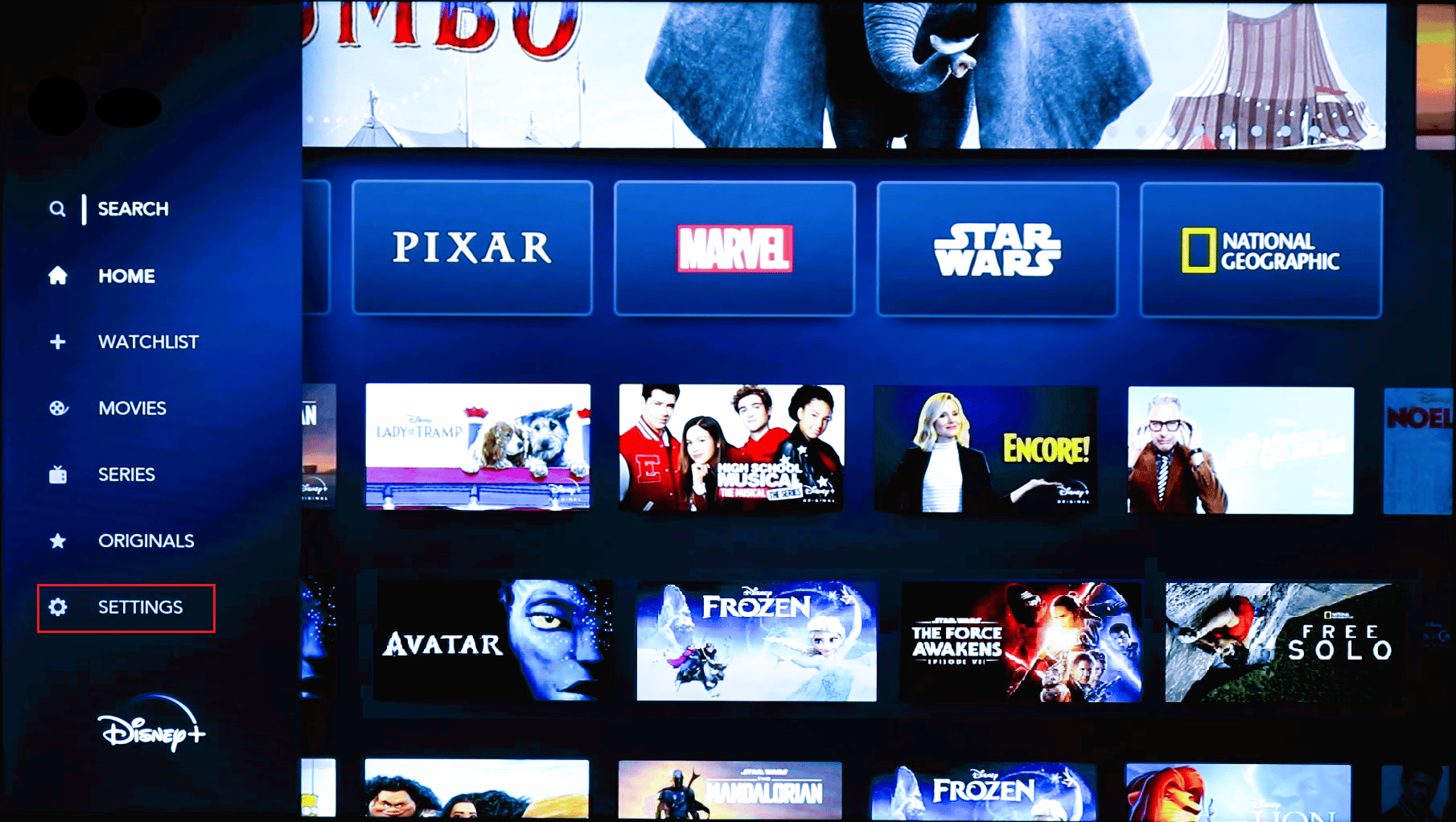 open Disney plus settings in Roku